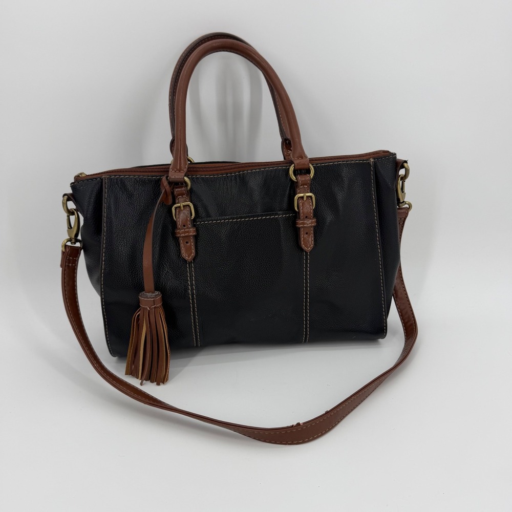 Tignanello Black Leather Satchel Handbag Brown Trim Tassel Crossbody Bag